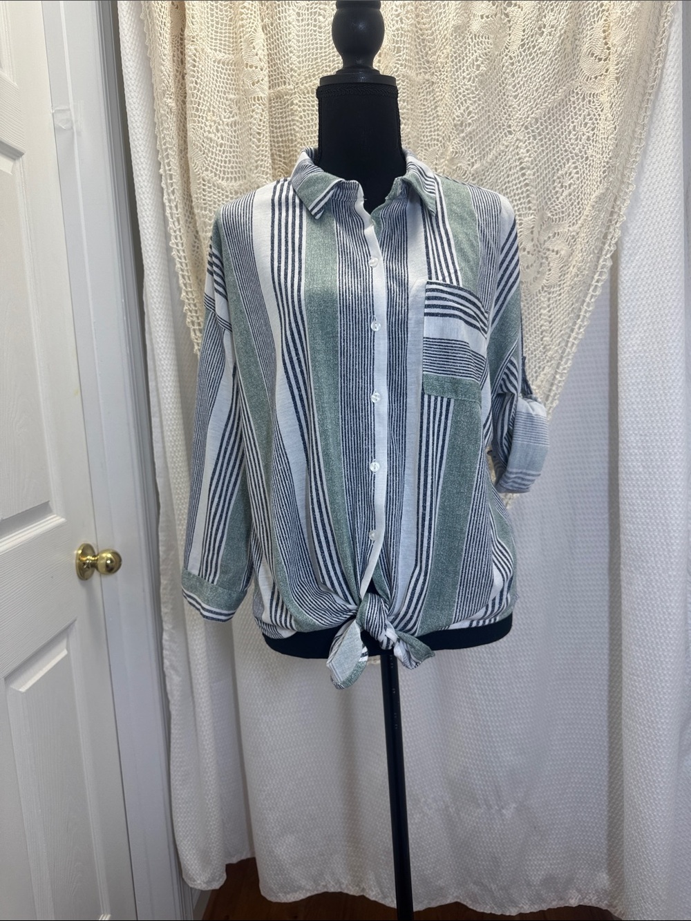 Eden & Olivia Green, White & Navy Striped Tie-Front Button Shirt